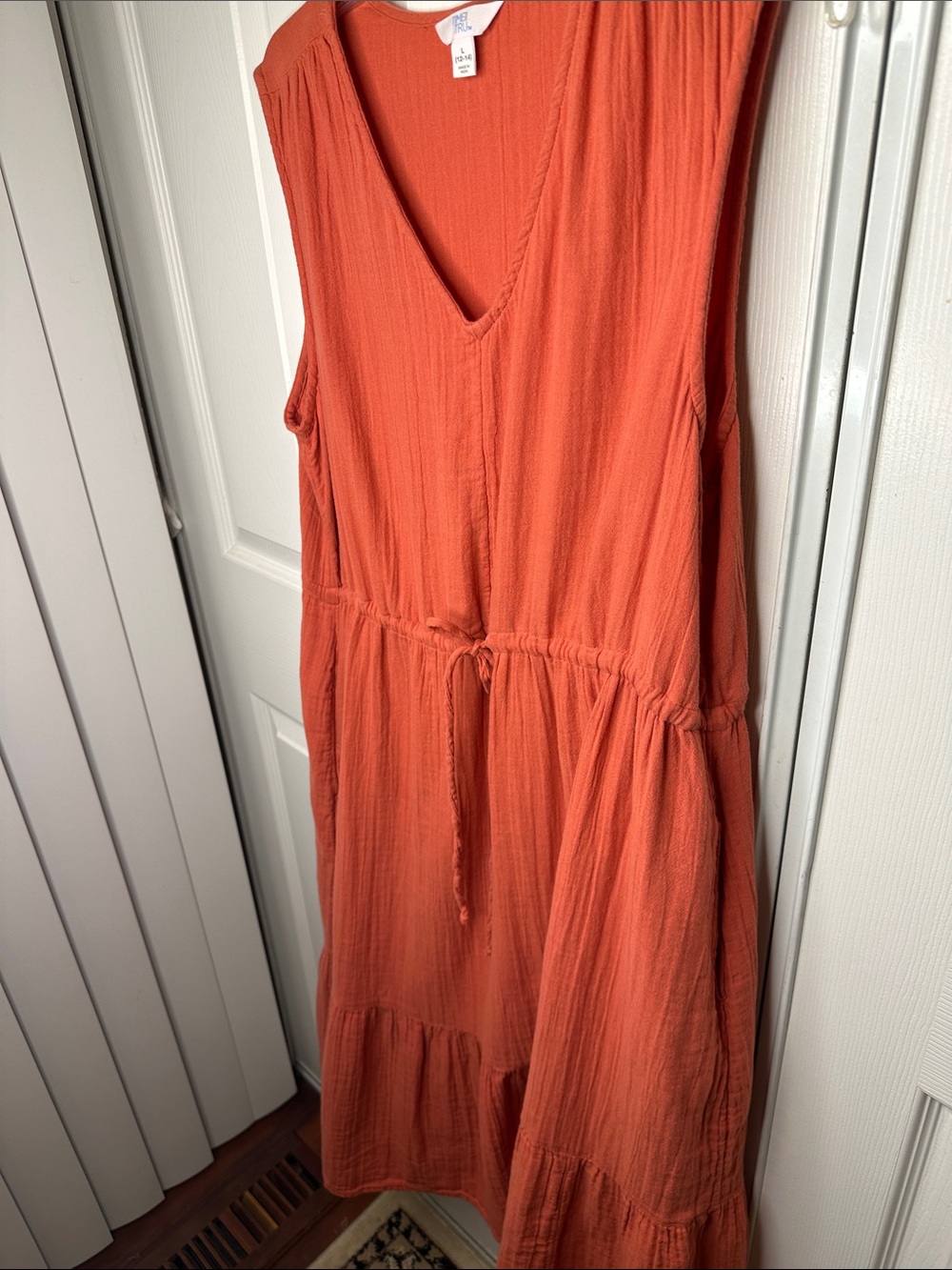 Time and Tru Coral Orange 100% Cotton Sleeveless V-Neck Maxi Dress large pockets